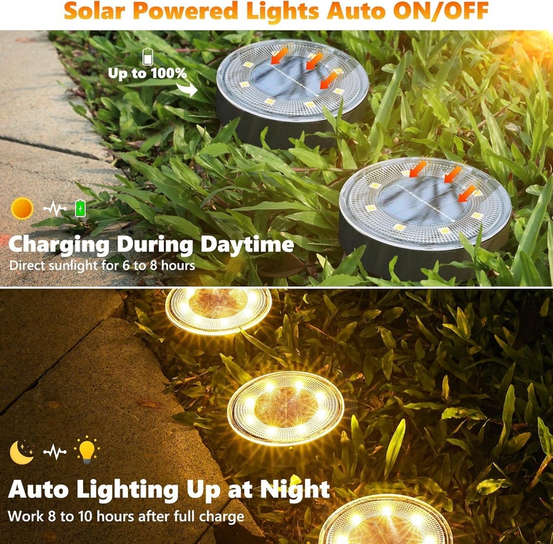Joomer Solar Ground Lights, 8 Pack 8 LED Solar Lights Outdoor IP68 Waterproof Solar Disc Lights In-Ground Landscape Lighting Outdoor Lights for Patio Pathway Lawn Yard Driveway Walkway (Warm White) - Image 2